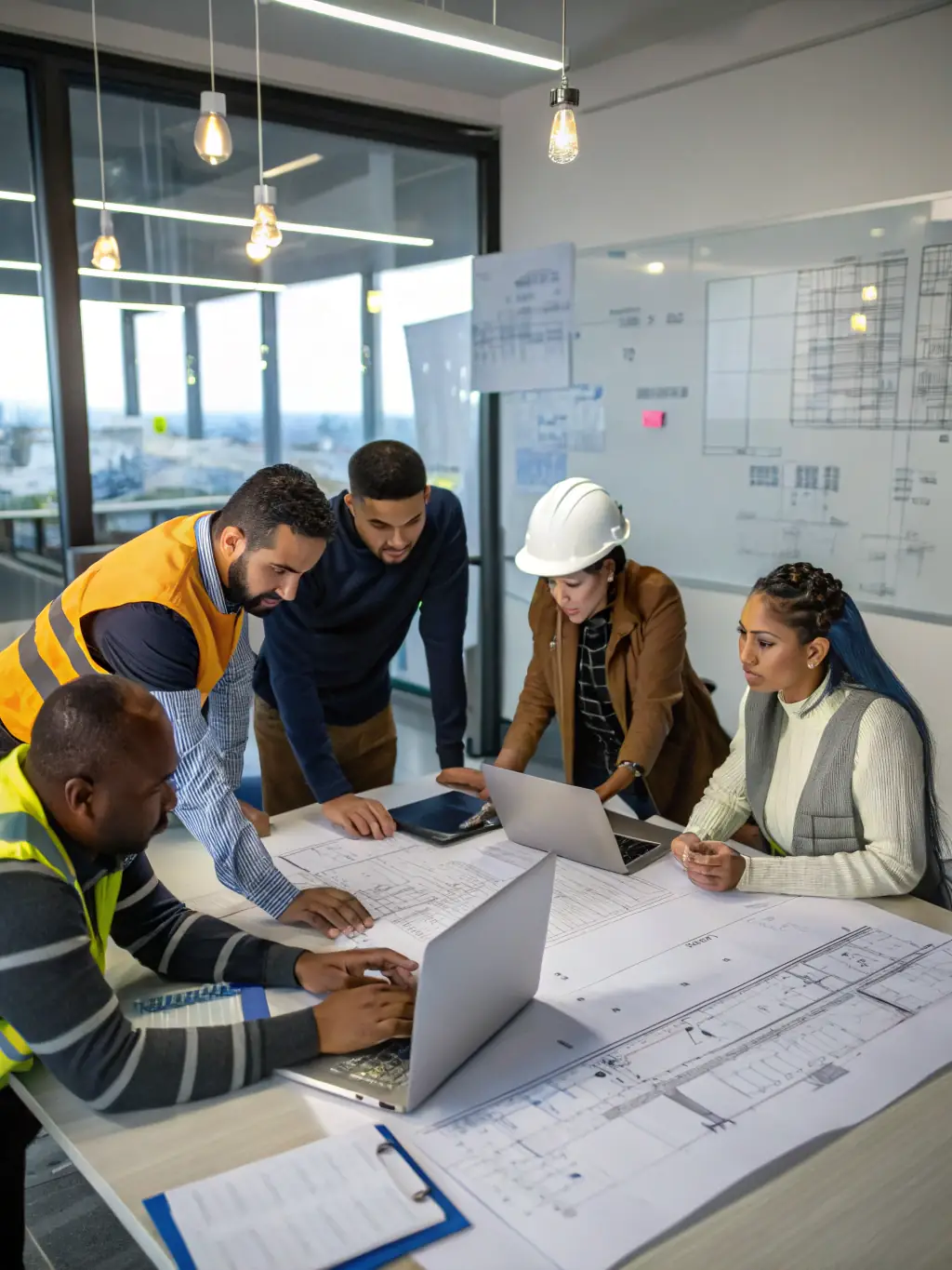 A modern office space with engineers collaborating on a tech project, showcasing Arcadia Projects' involvement in the technology sector.