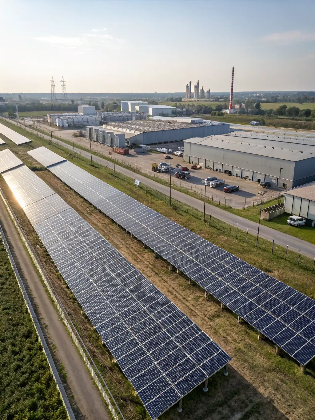 A vast solar energy farm with rows of solar panels stretching into the horizon, demonstrating Arcadia Projects' commitment to green energy projects.