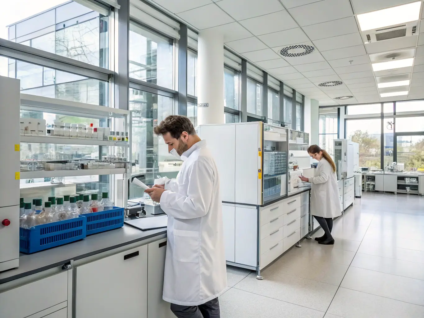 A state-of-the-art pharmaceutical manufacturing plant with scientists in lab coats overseeing production processes, emphasizing the importance of compliance and precision in pharma projects.