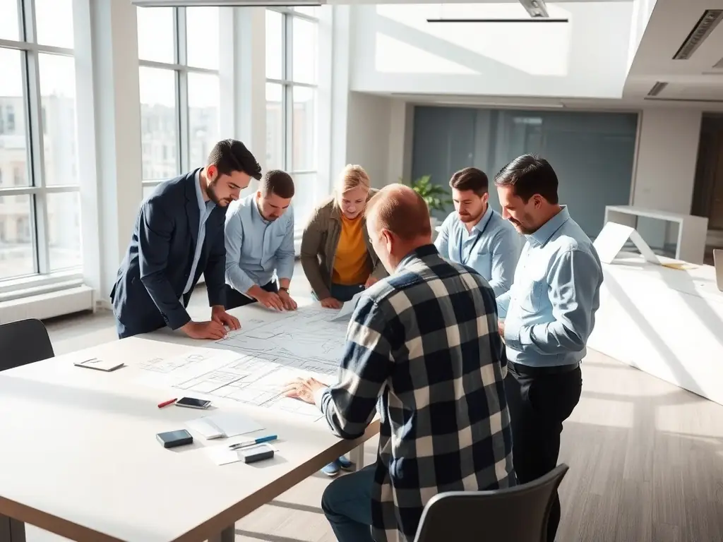 A modern office setting with engineers and project managers collaborating on a tech project, reviewing blueprints and discussing technical specifications.