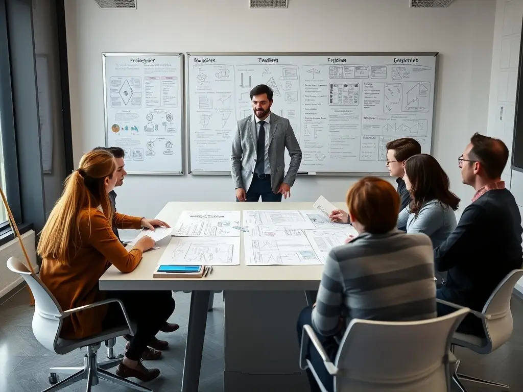 A diverse team of project managers collaborating in a modern office, reviewing blueprints and digital project timelines, symbolizing Arcadia Projects' comprehensive approach to project management.