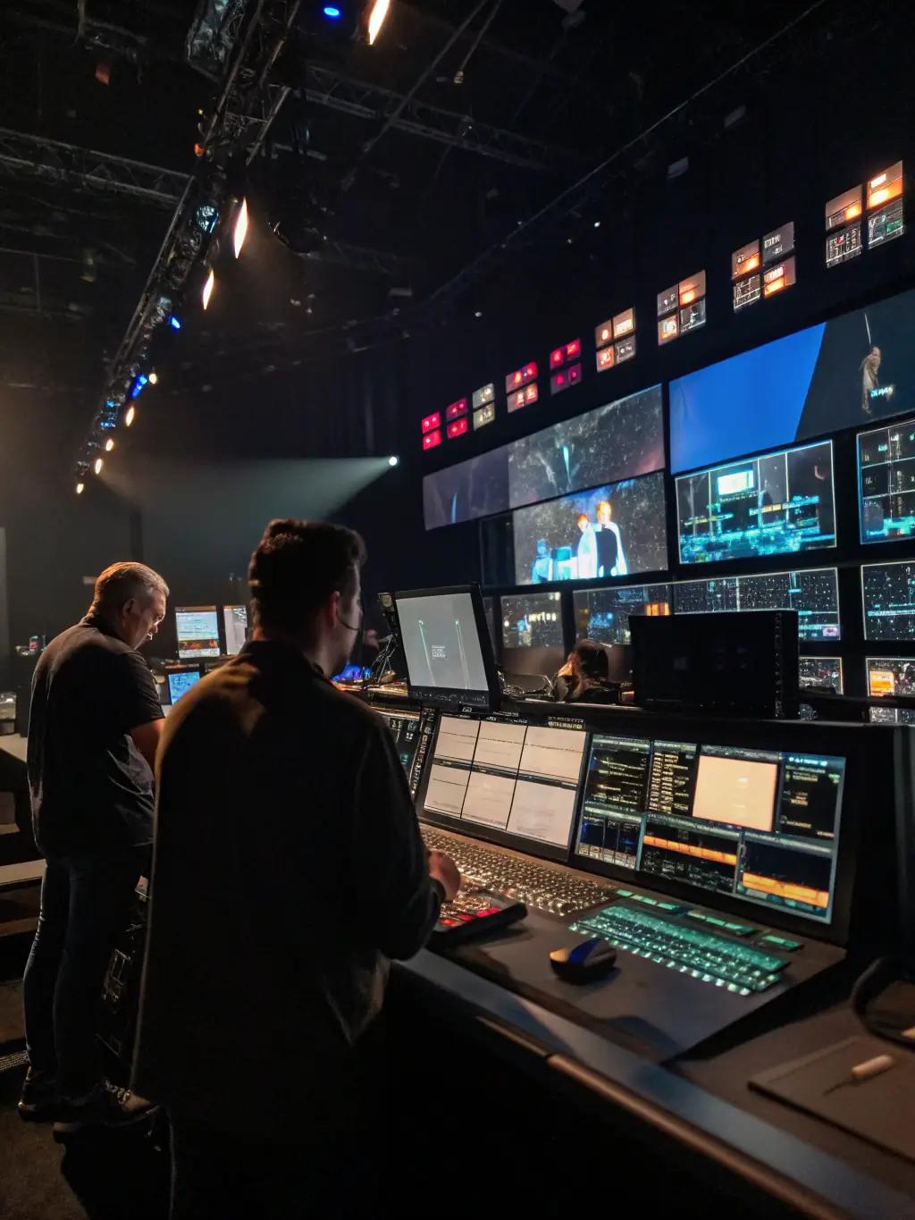 A high-tech telecommunications control center with multiple screens displaying network data, representing Arcadia Projects' expertise in the telecom industry.