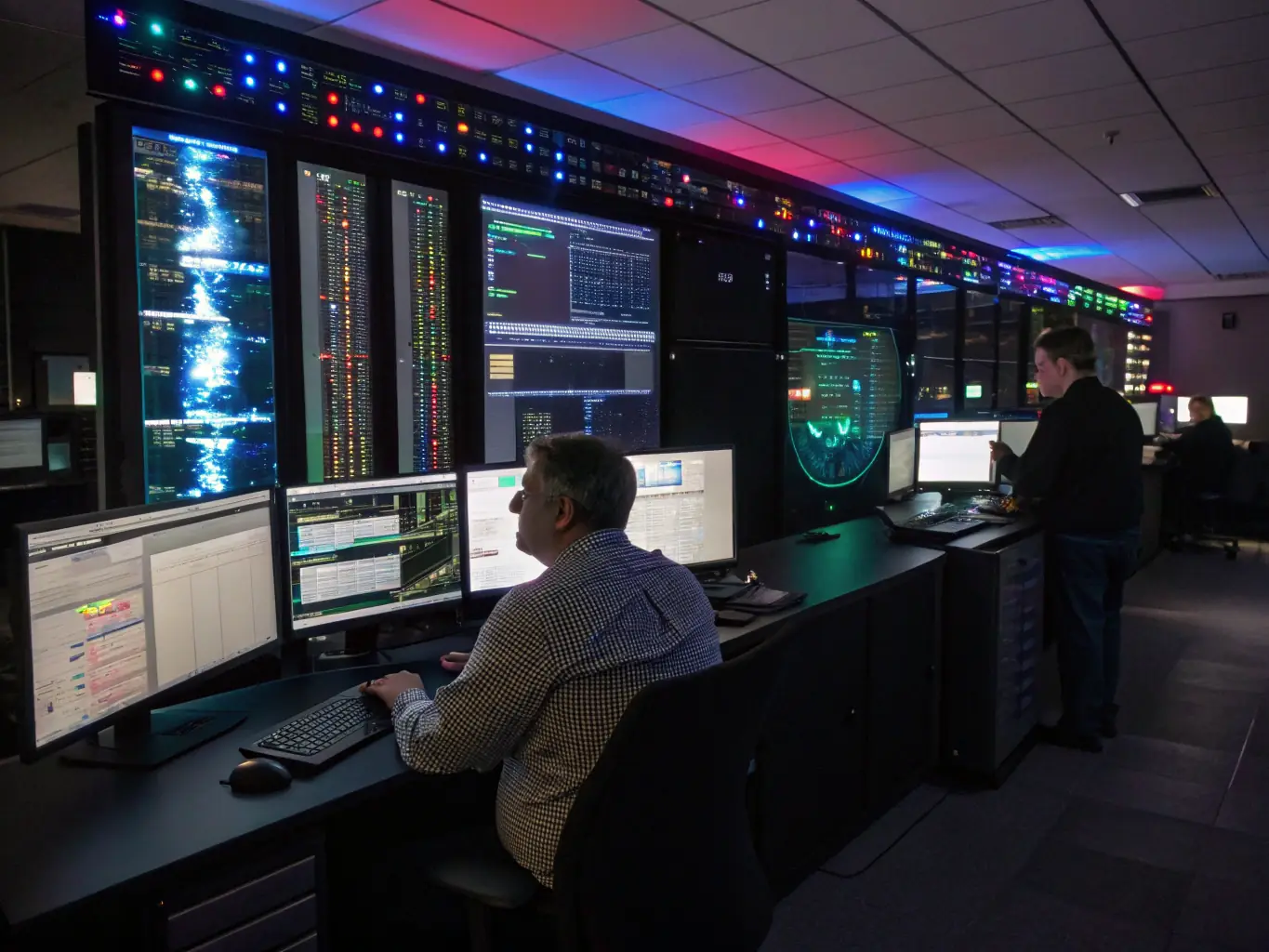 A high-tech control room with multiple screens displaying network data and telecom infrastructure schematics, showcasing the complexity and precision of telecom projects.