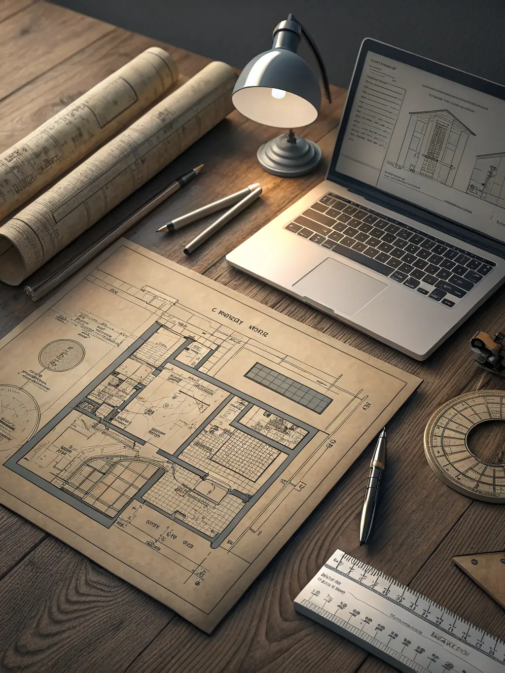 A detailed architectural plan laid out on a table, surrounded by team members in a meeting, discussing project strategy for Arcadia Projects.